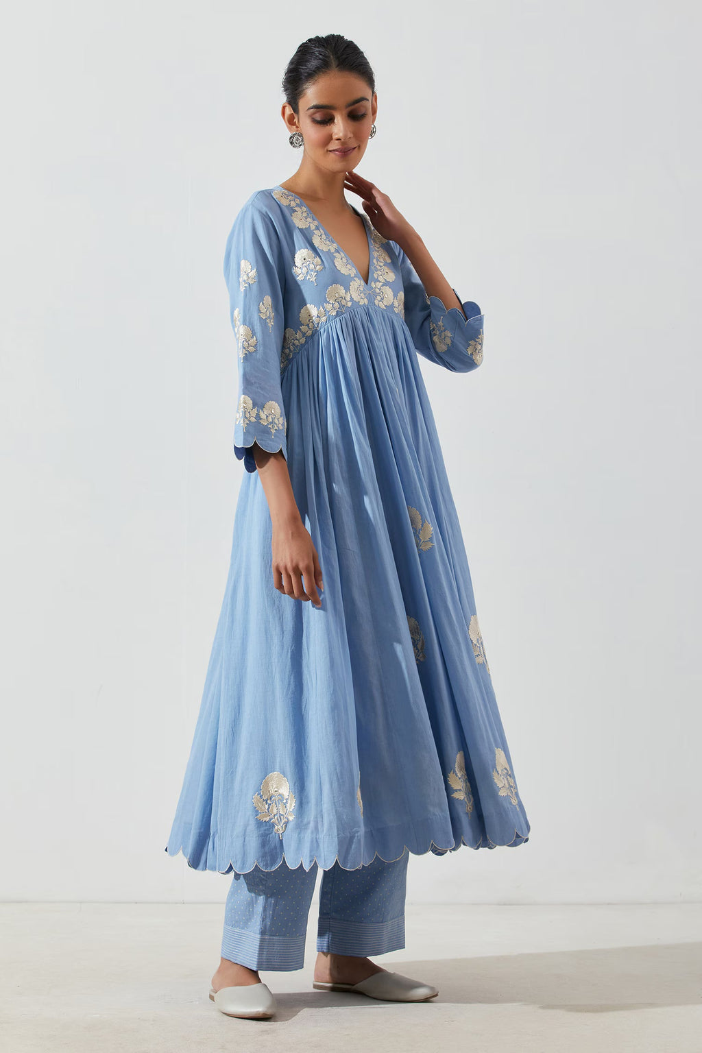 Blue Floral V Neck Mogra Embroidered Anarkali Suit With Pant Set | Anarkali Suit For Women