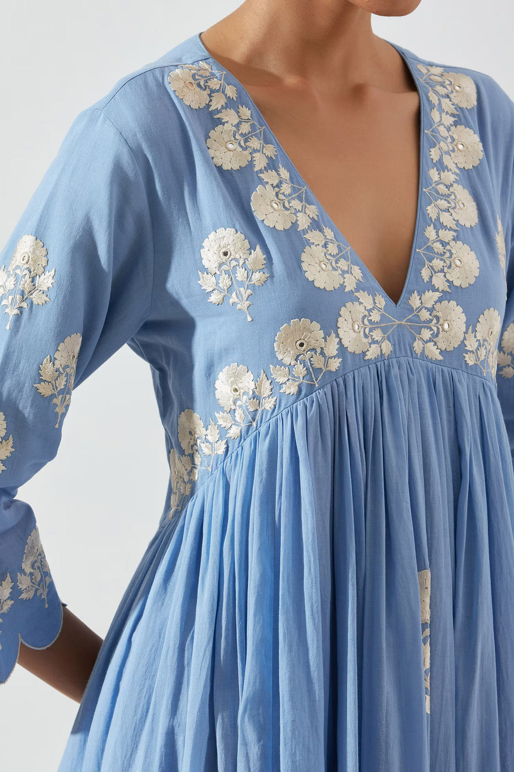 Blue Floral V Neck Mogra Embroidered Anarkali Suit With Pant Set | Anarkali Suit For Women