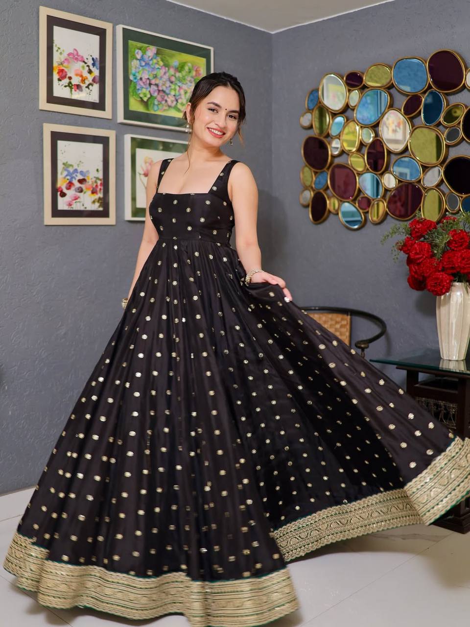 Classic Black Anarkali Gown with Heavy Embroidered Golden Border With Dupatta | Anarkali Suit For Women