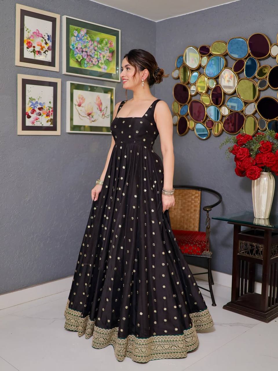 Classic Black Anarkali Gown with Heavy Embroidered Golden Border With Dupatta | Anarkali Suit For Women