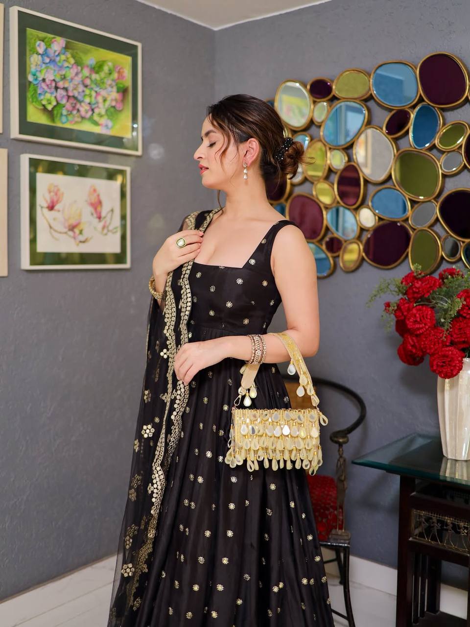 Classic Black Anarkali Gown with Heavy Embroidered Golden Border With Dupatta | Anarkali Suit For Women
