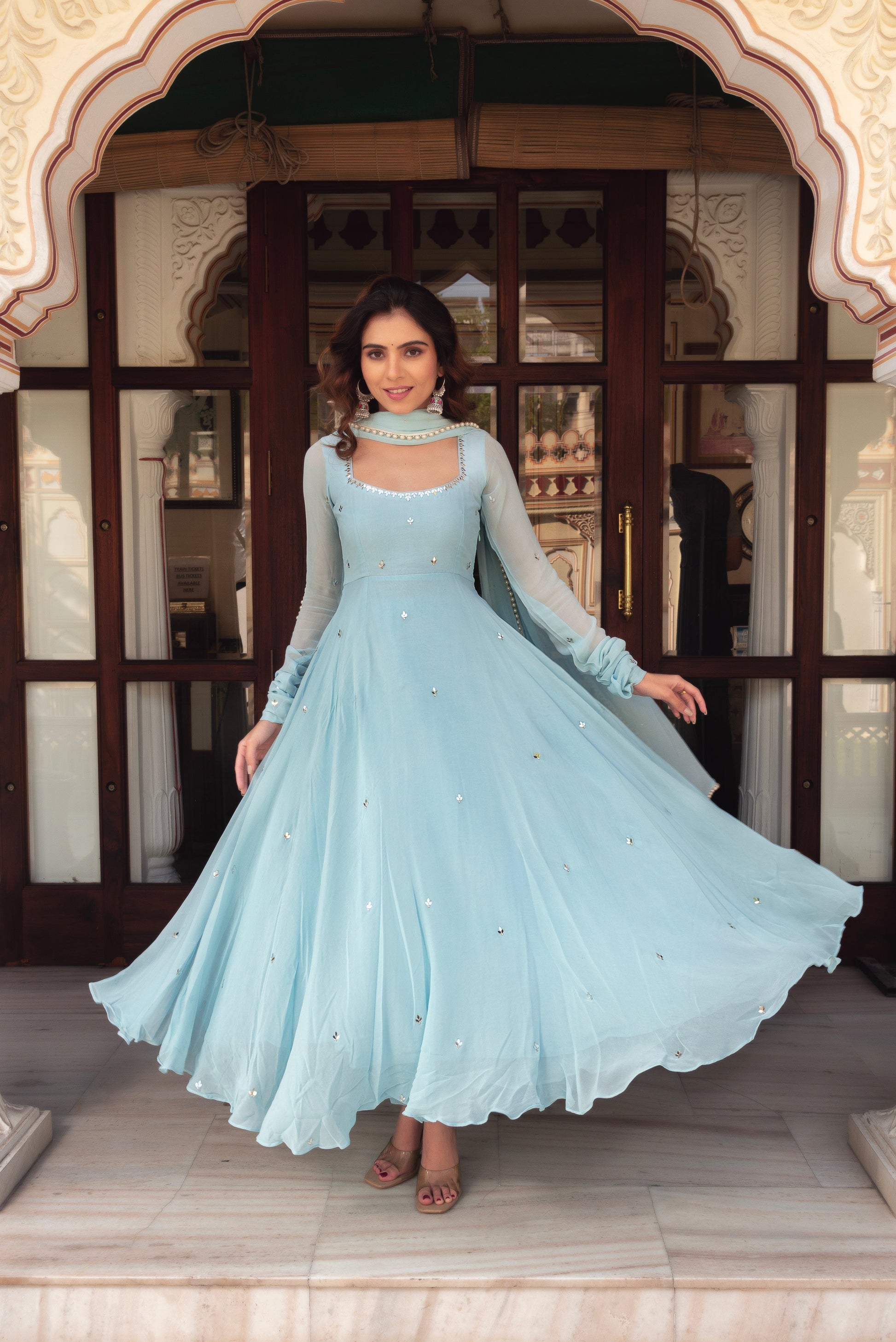 Party Wear Sky Blue Anarkali Suit Set for Women