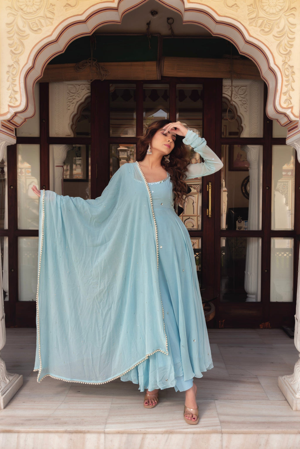Party Wear Sky Blue Anarkali Suit Set for Women