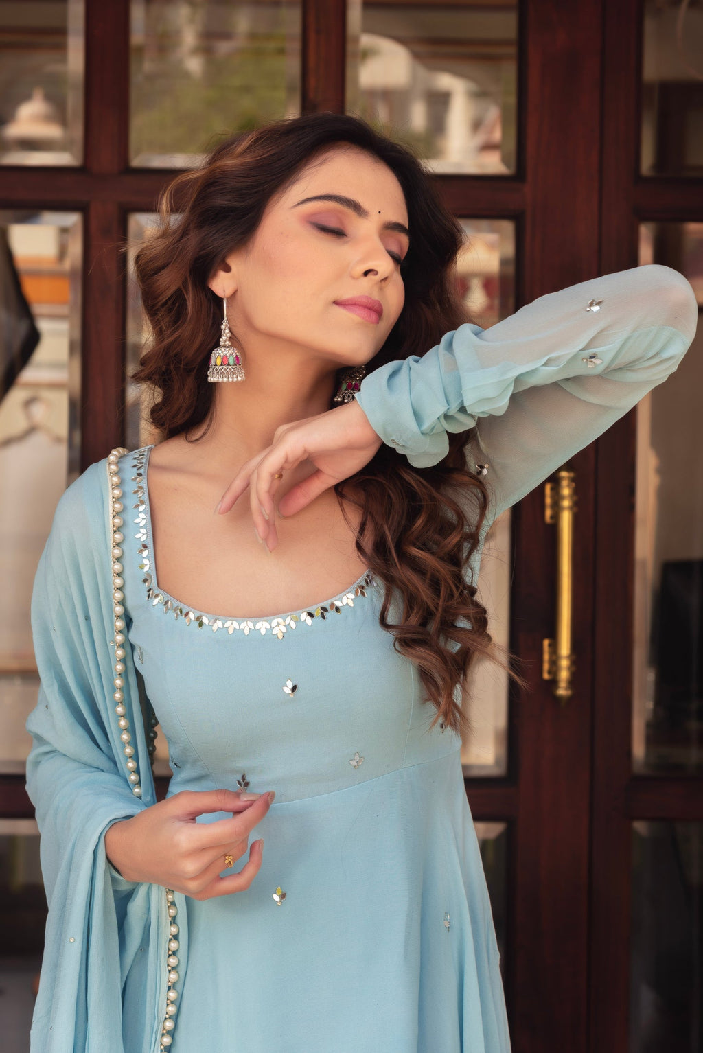 Party Wear Sky Blue Anarkali Suit Set for Women