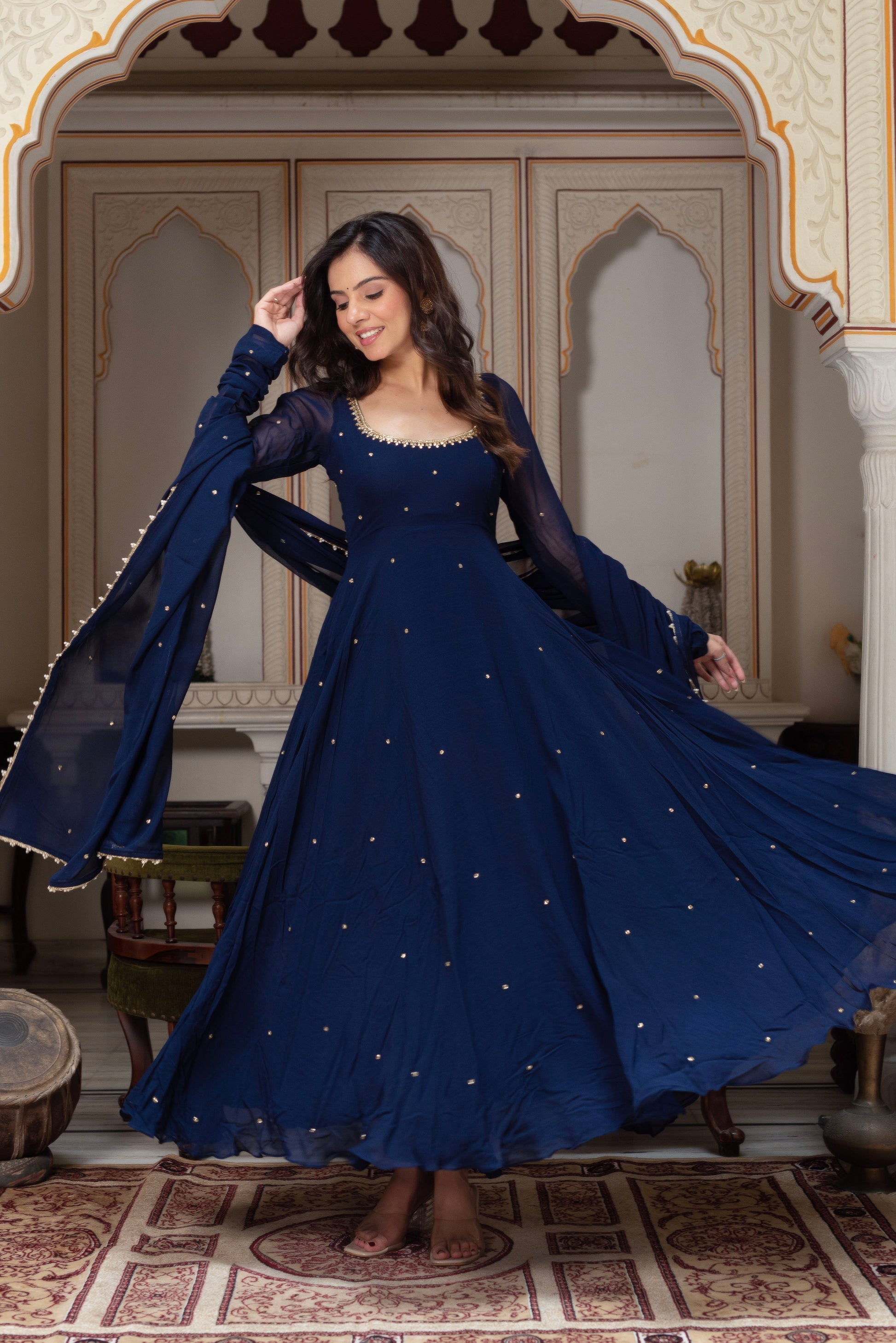 Royal Midnight Blue Georgette Anarkali Set with Dupatta for Women | Wedding, Sangeet & Party Wear