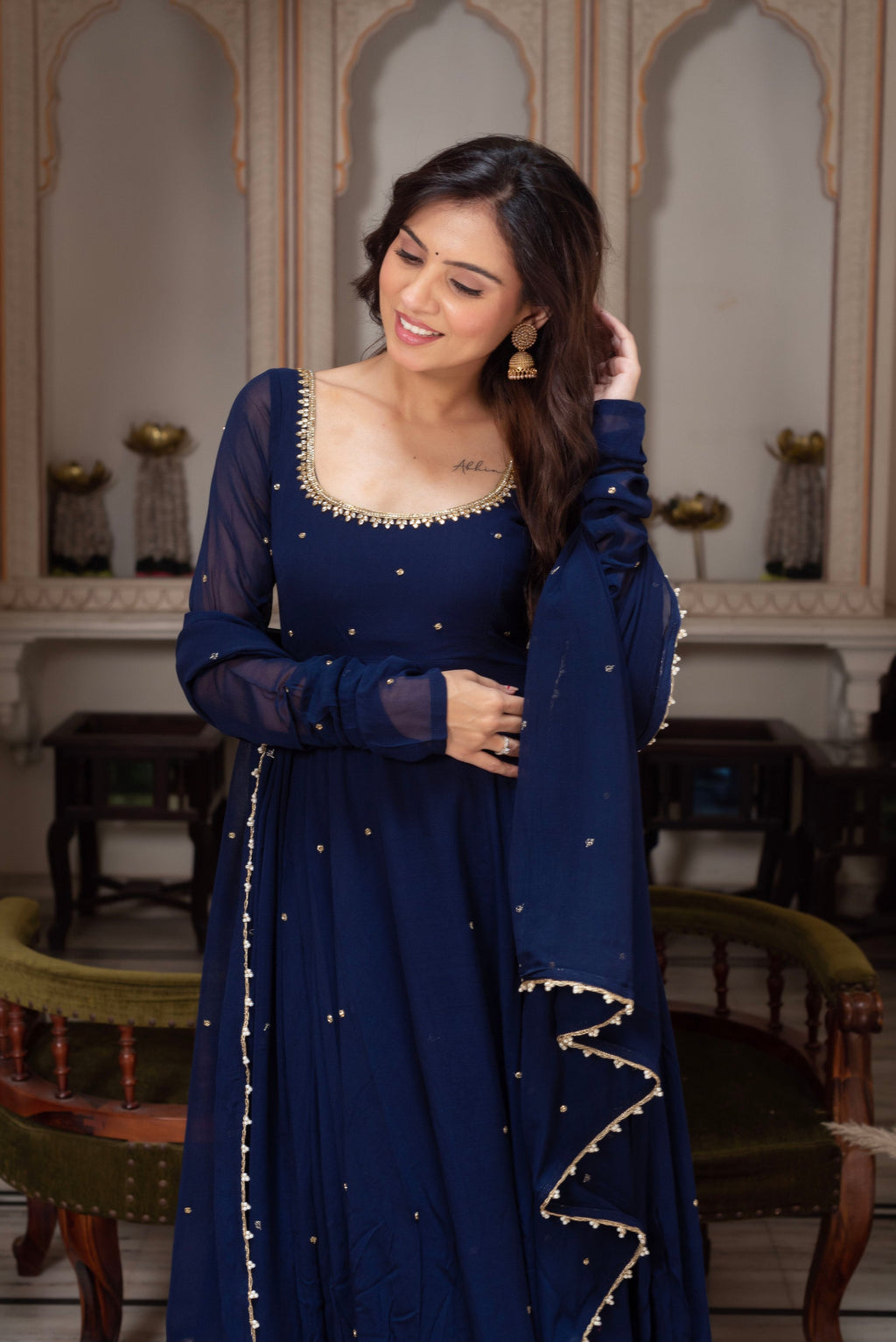 Royal Midnight Blue Georgette Anarkali Set with Dupatta for Women | Wedding, Sangeet & Party Wear