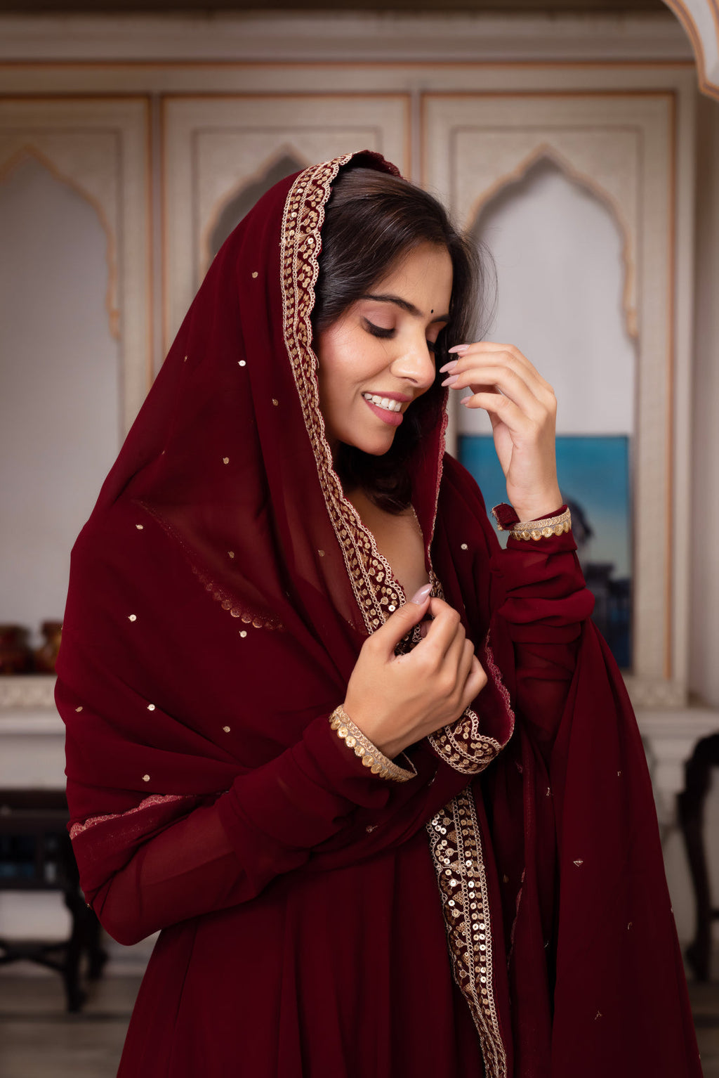 Maroon Color Faux Georgette Anarkali Suit For Women