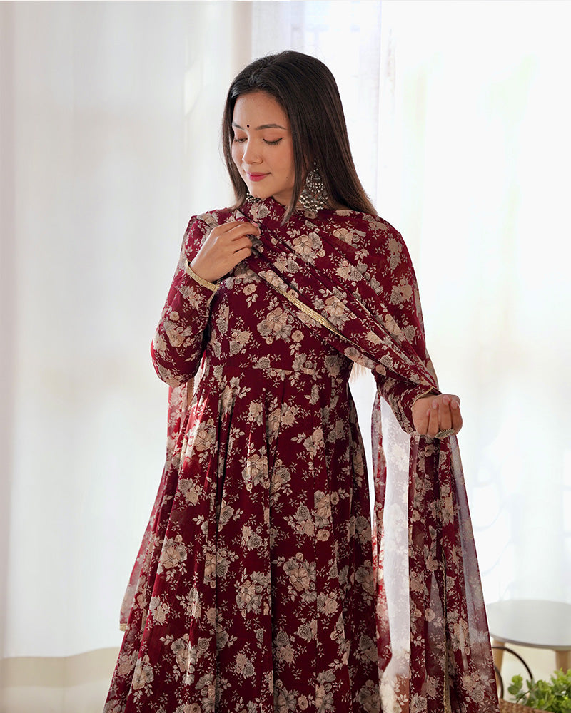 Dark Maroon Color Georgette Three Piece Anarkali Suit For Women