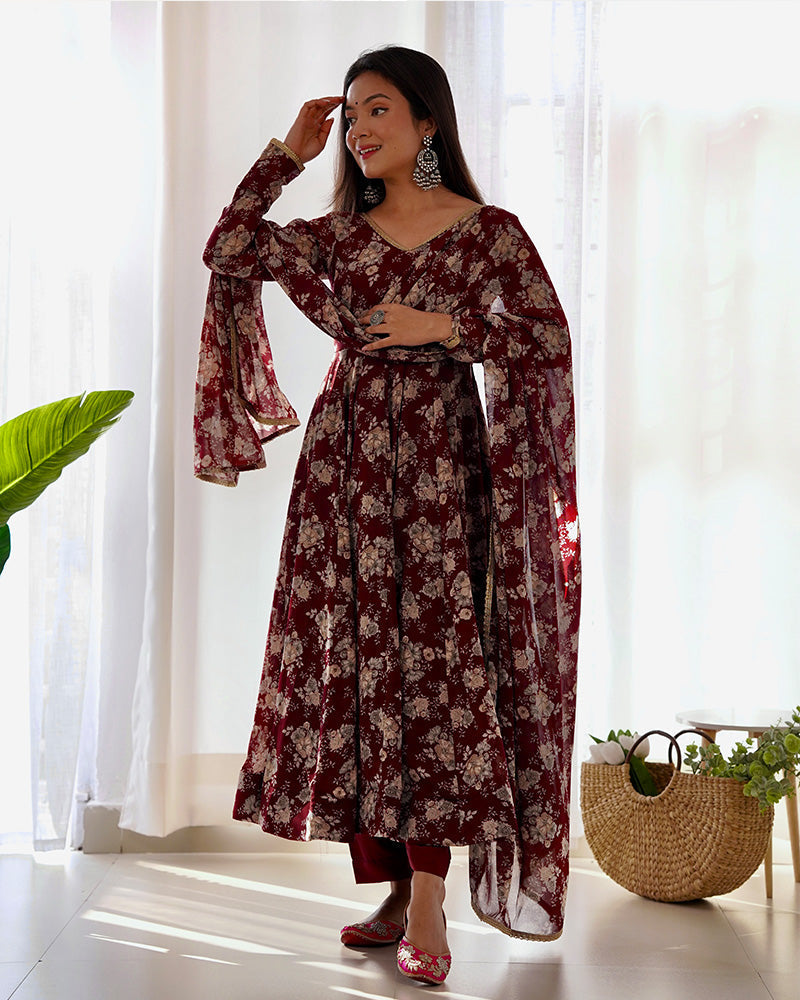 Dark Maroon Color Georgette Three Piece Anarkali Suit For Women