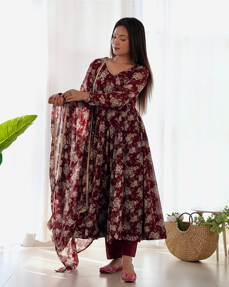 Dark Maroon Color Georgette Three Piece Anarkali Suit For Women