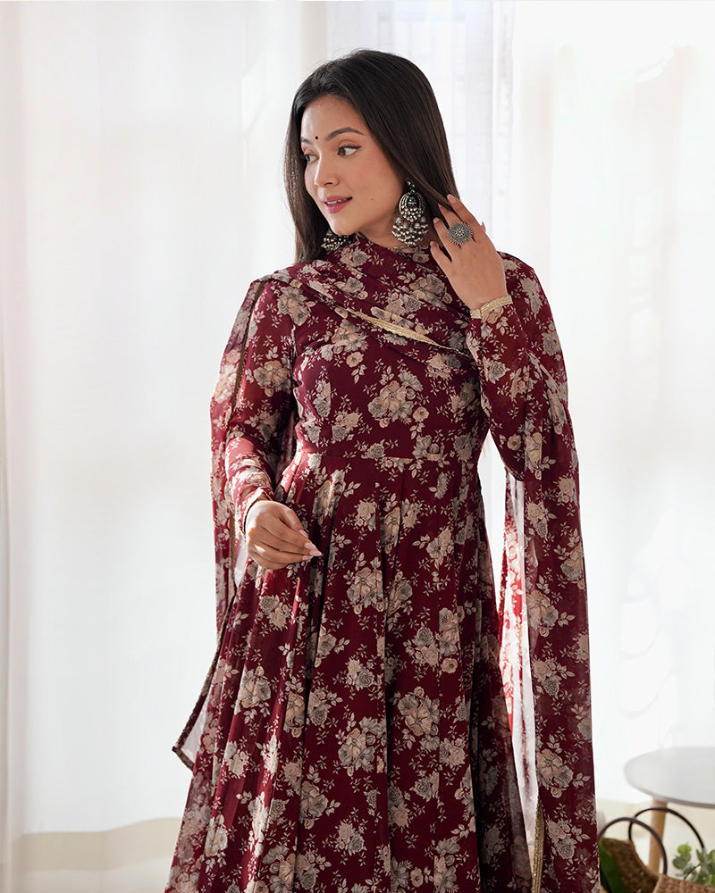 Dark Maroon Color Georgette Three Piece Anarkali Suit For Women