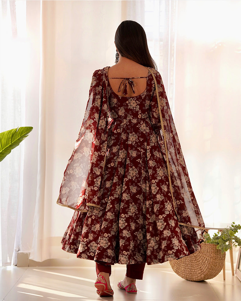 Dark Maroon Color Georgette Three Piece Anarkali Suit For Women