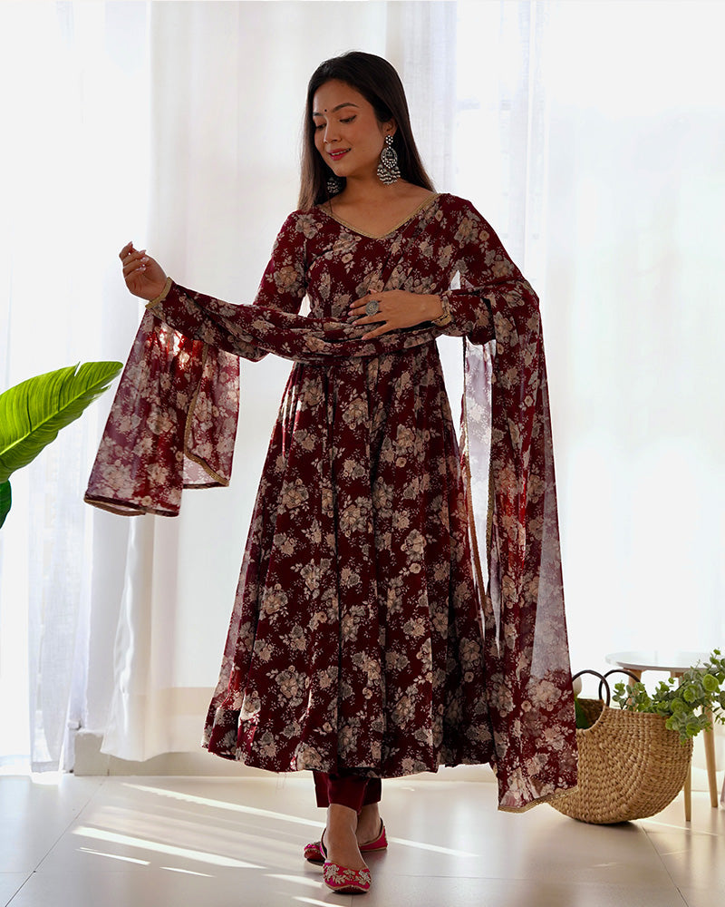 Dark Maroon Color Georgette Three Piece Anarkali Suit For Women