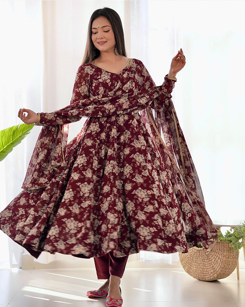 Dark Maroon Color Georgette Three Piece Anarkali Suit For Women