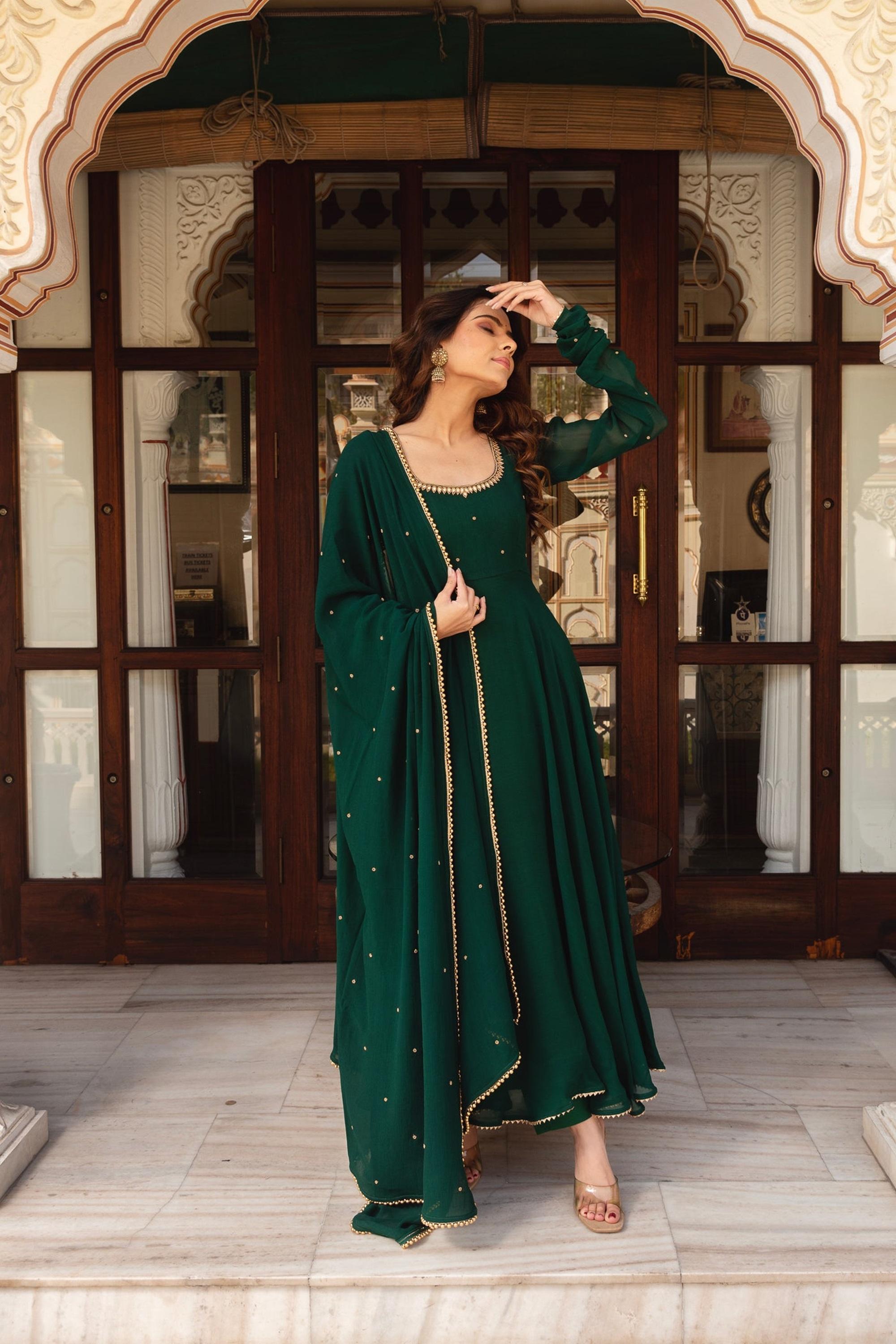 Elegant Green Heavy Fox Georgette  Anarkali Suit For Women
