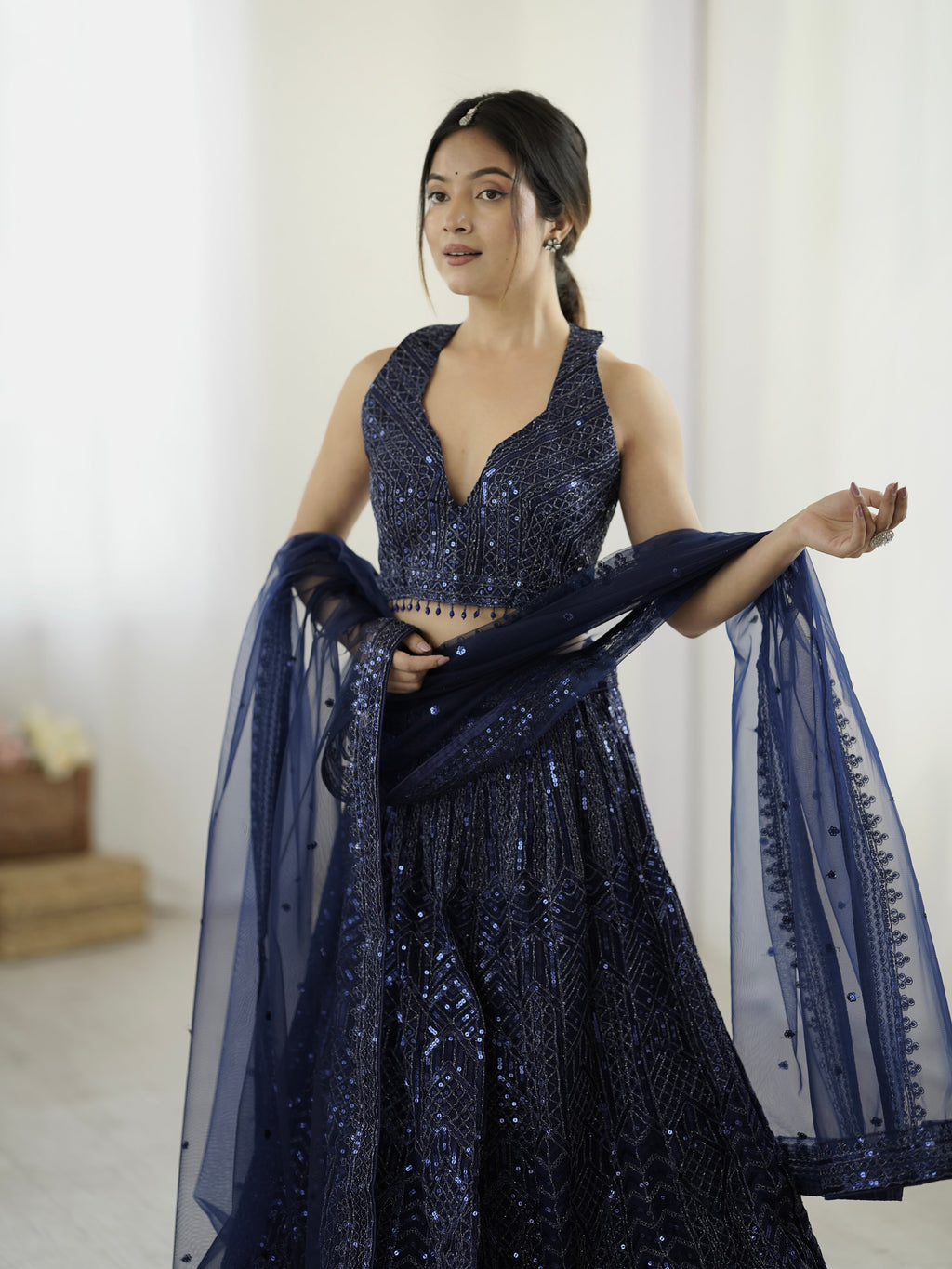 Amazing Navy Blue Heavy Sequins Dori Worked Net Lehenga Choli