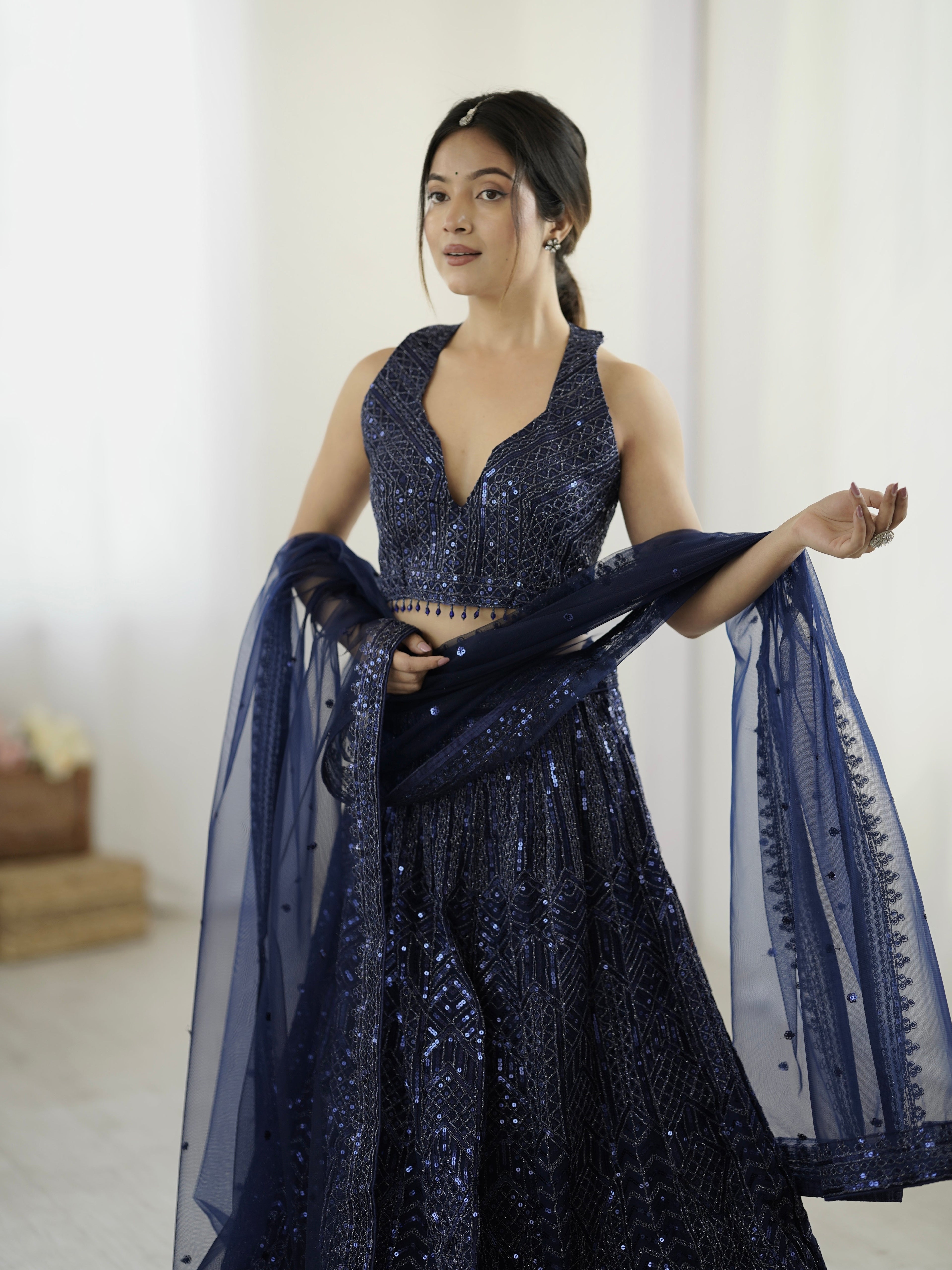 Amazing Navy Blue Heavy Sequins Dori Worked Net Lehenga Choli