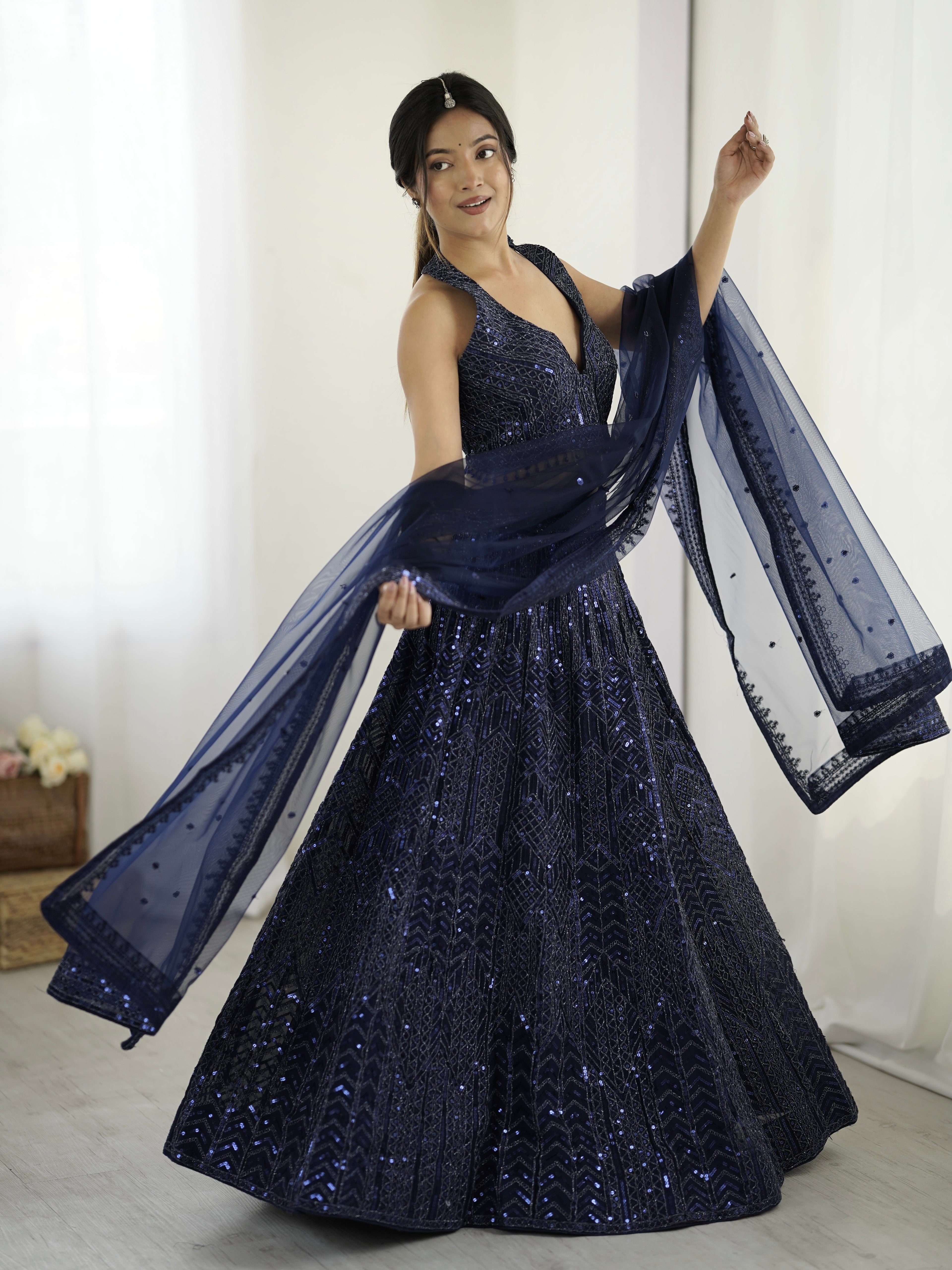 Amazing Navy Blue Heavy Sequins Dori Worked Net Lehenga Choli