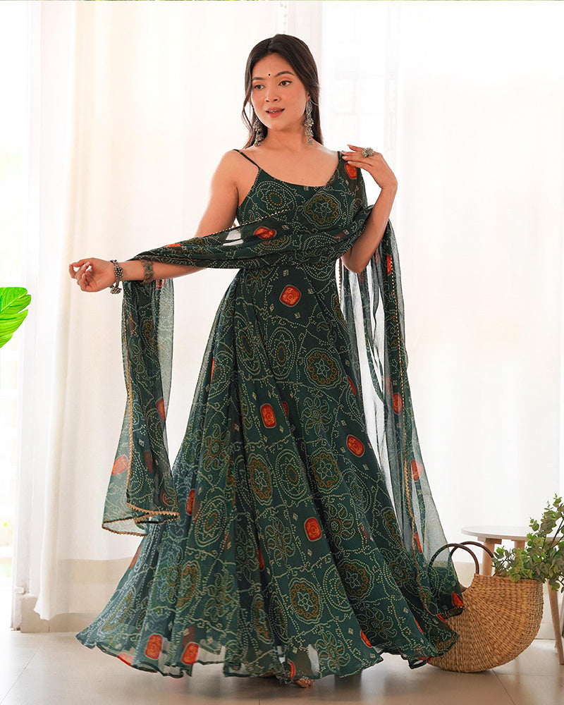 Floral Bandhani Print Soft Chiffon Dark Green Anarkali Gown For Women
