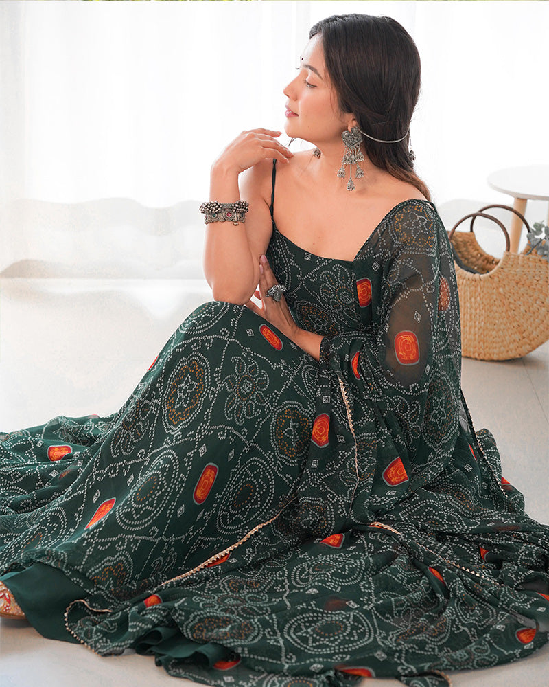 Floral Bandhani Print Soft Chiffon Dark Green Anarkali Gown For Women
