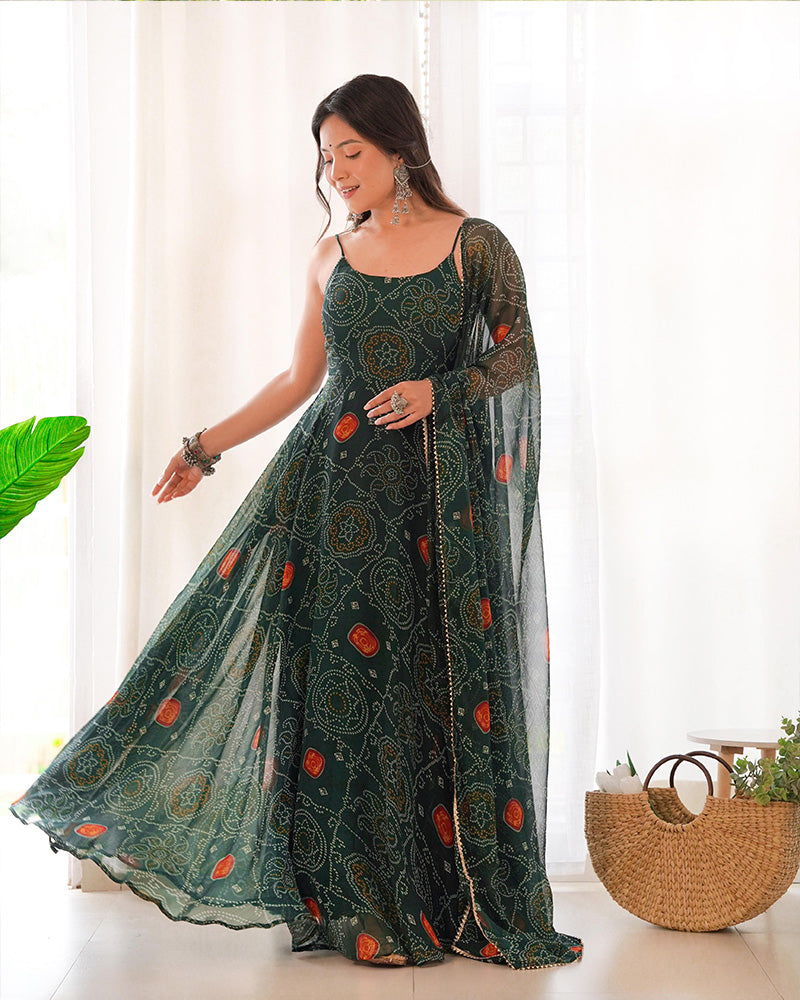 Floral Bandhani Print Soft Chiffon Dark Green Anarkali Gown For Women