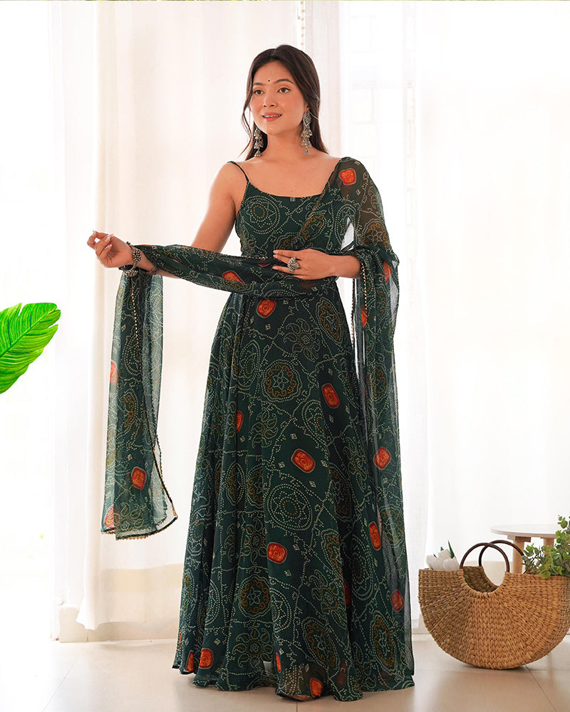Floral Bandhani Print Soft Chiffon Dark Green Anarkali Gown For Women