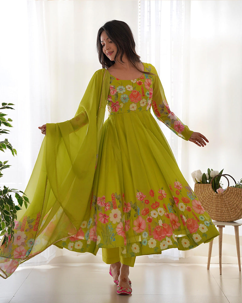 Floral Print Organza Three Piece Light Green Anarkali Suit For Women