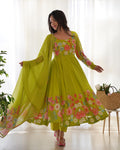 Floral Print Organza Three Piece Light Green Anarkali Suit For Women