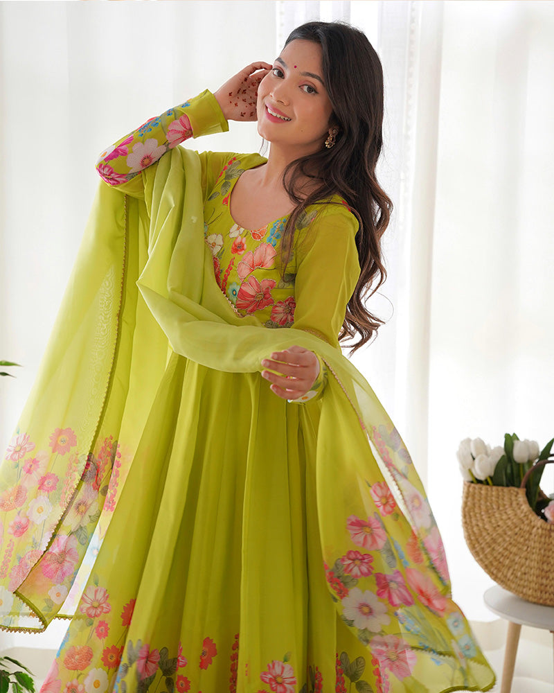 Floral Print Organza Three Piece Light Green Anarkali Suit For Women