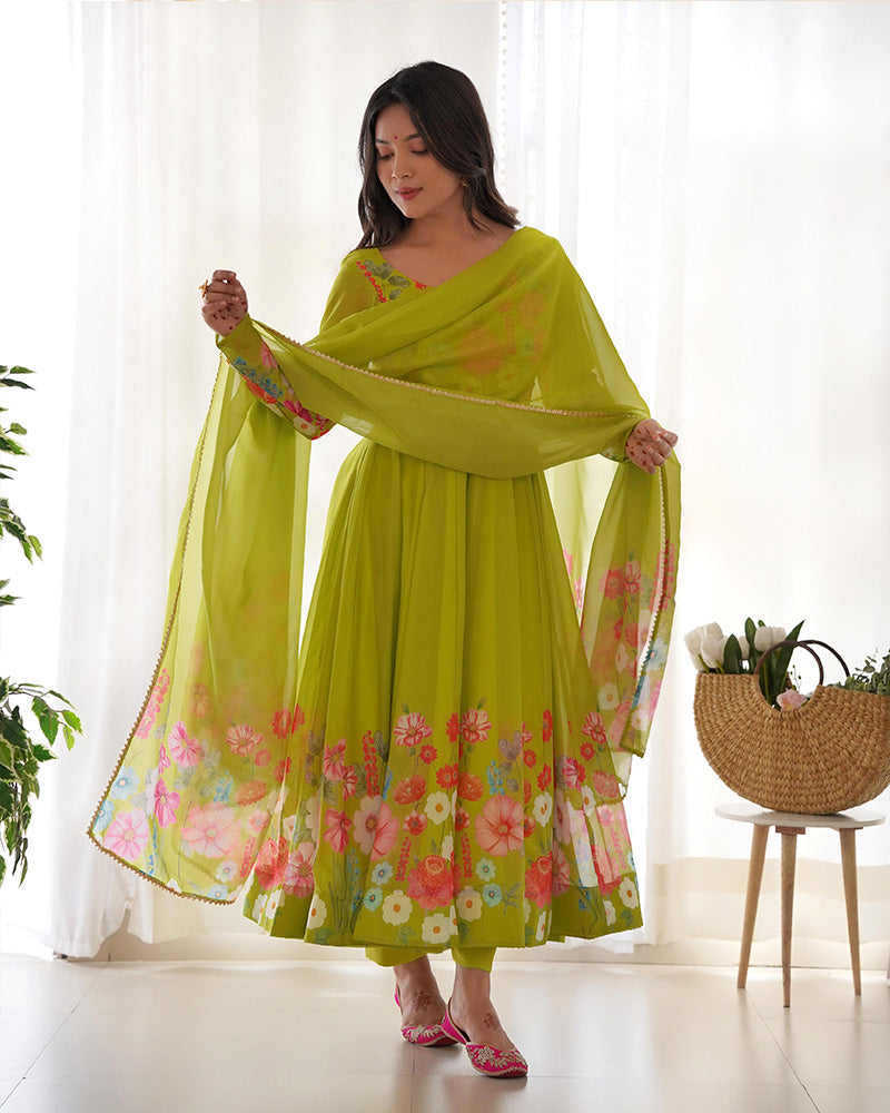 Floral Print Organza Three Piece Light Green Anarkali Suit For Women