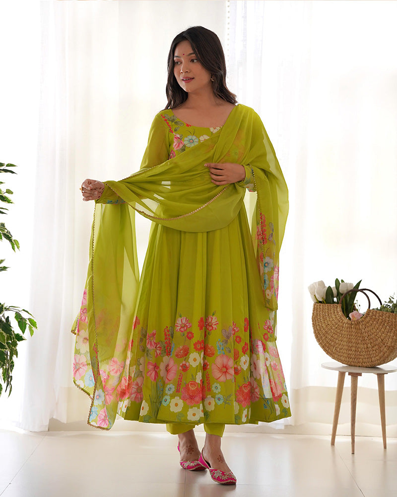Floral Print Organza Three Piece Light Green Anarkali Suit For Women