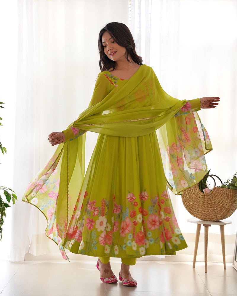 Floral Print Organza Three Piece Light Green Anarkali Suit For Women