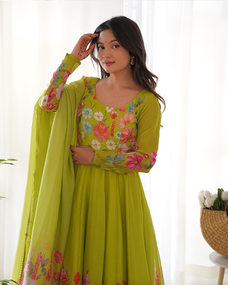 Floral Print Organza Three Piece Light Green Anarkali Suit For Women