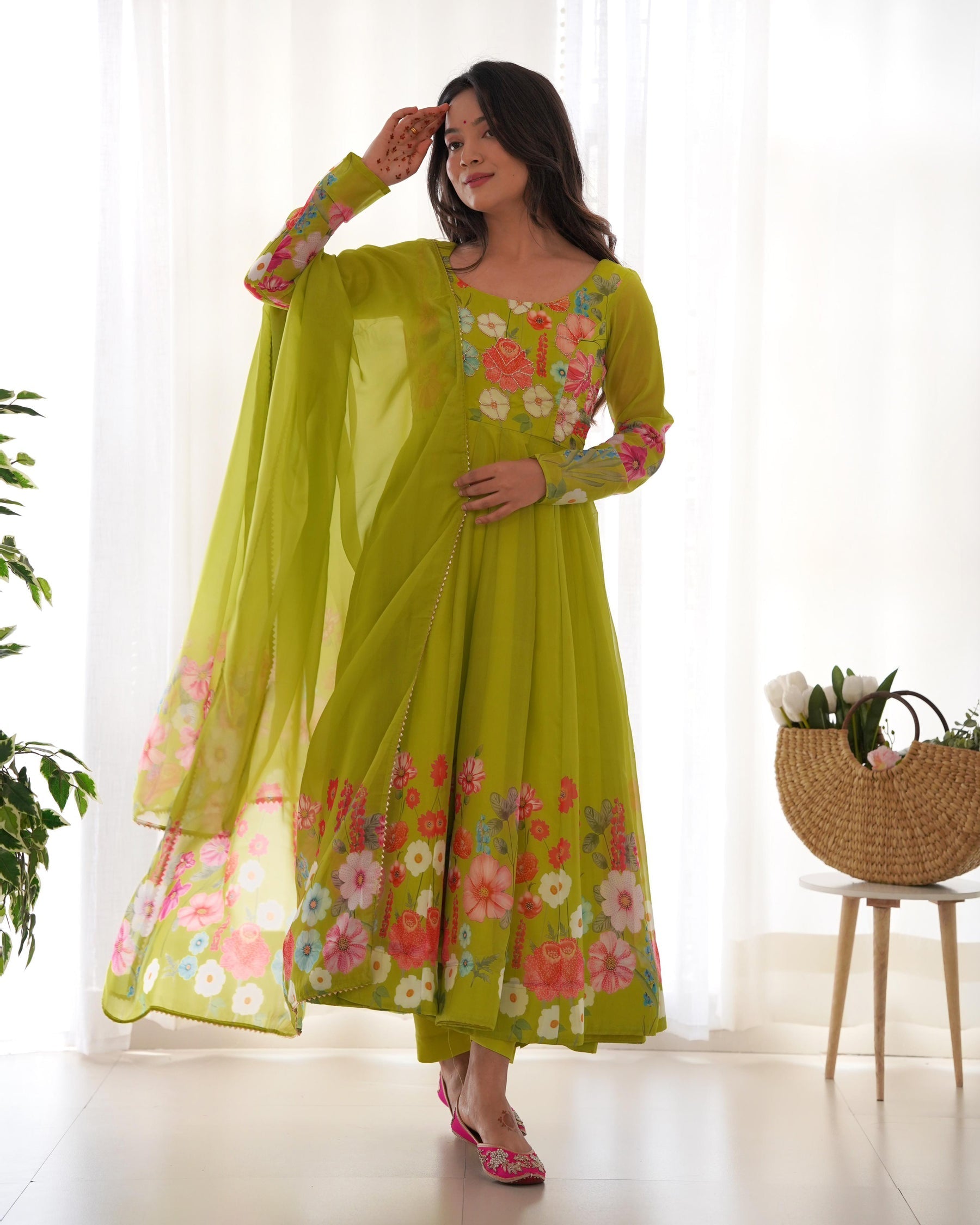 Floral Print Organza Three Piece Light Green Anarkali Suit For Women