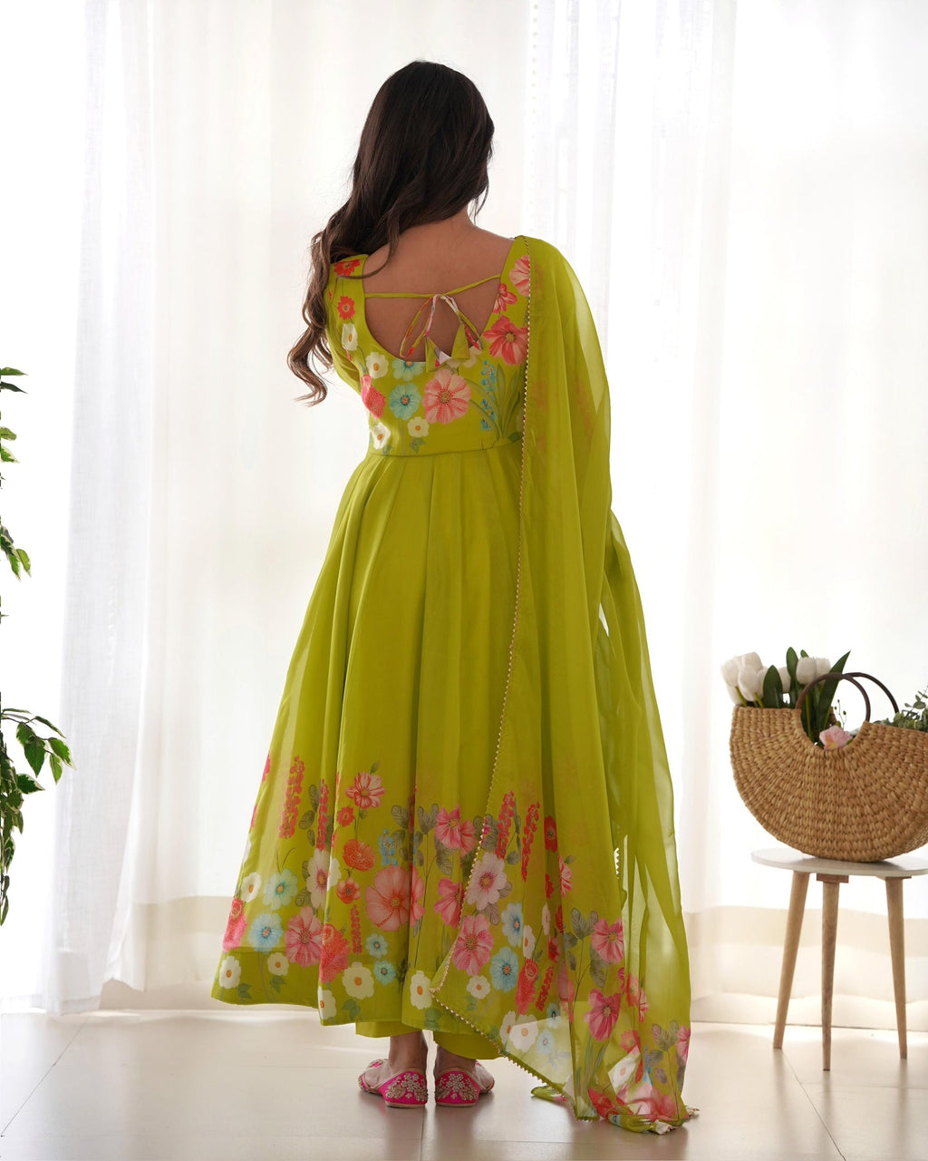 Floral Print Organza Three Piece Light Green Anarkali Suit For Women