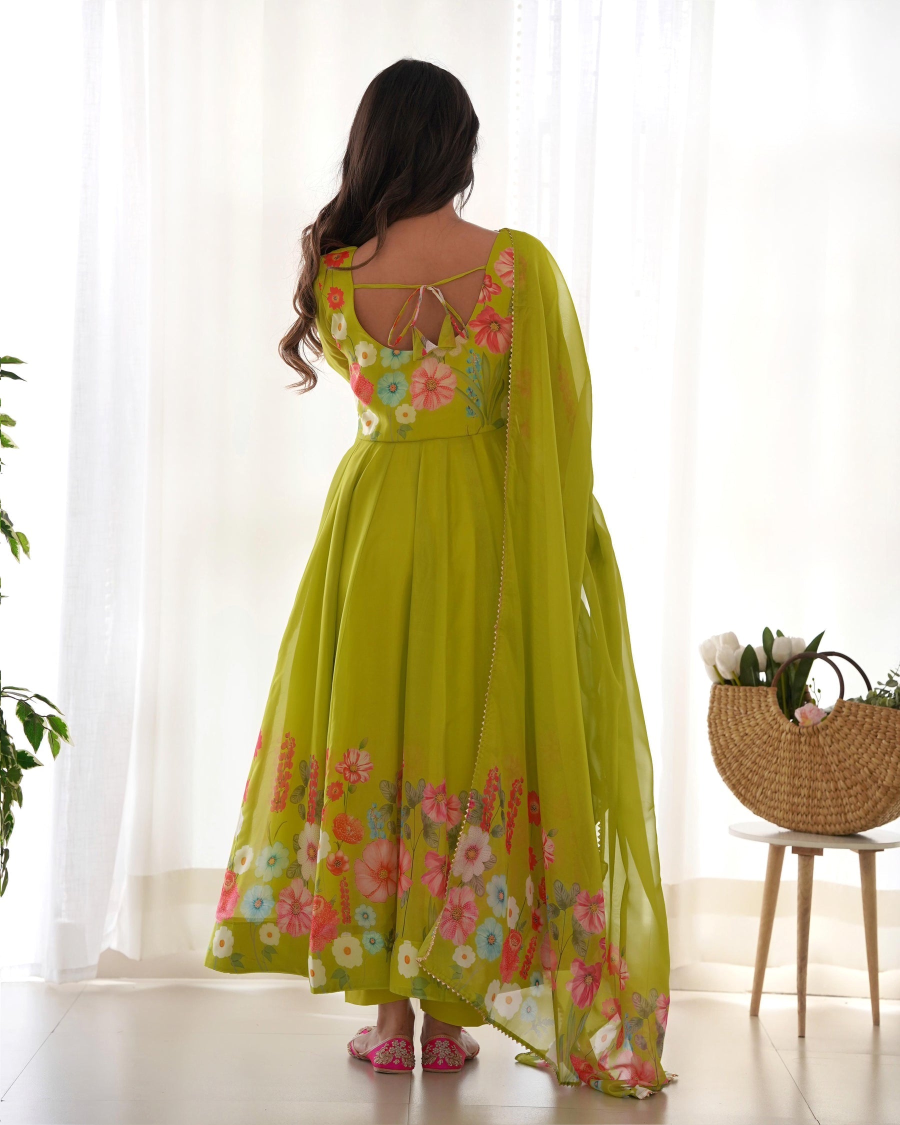 Floral Print Organza Three Piece Light Green Anarkali Suit For Women