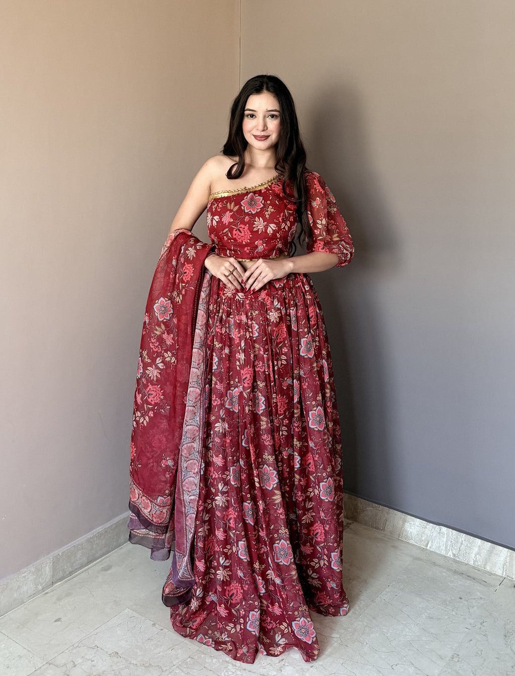 Fancy Maroon Color Stlish Floral Printed Lehenga Choli