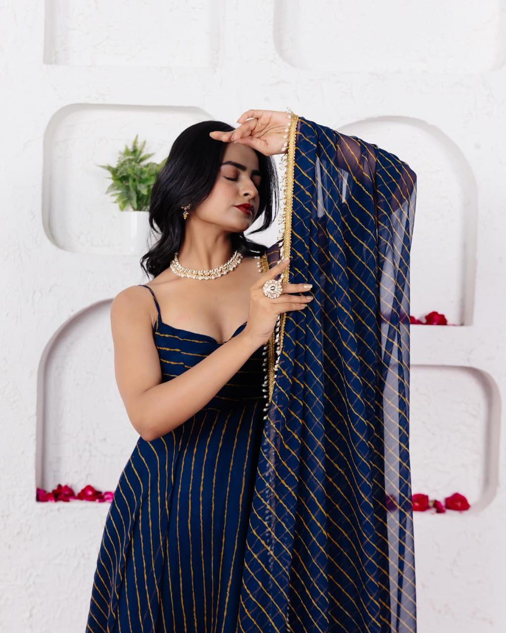 Flattering Georgette Navy Blue Color Anarkali Gown For Women