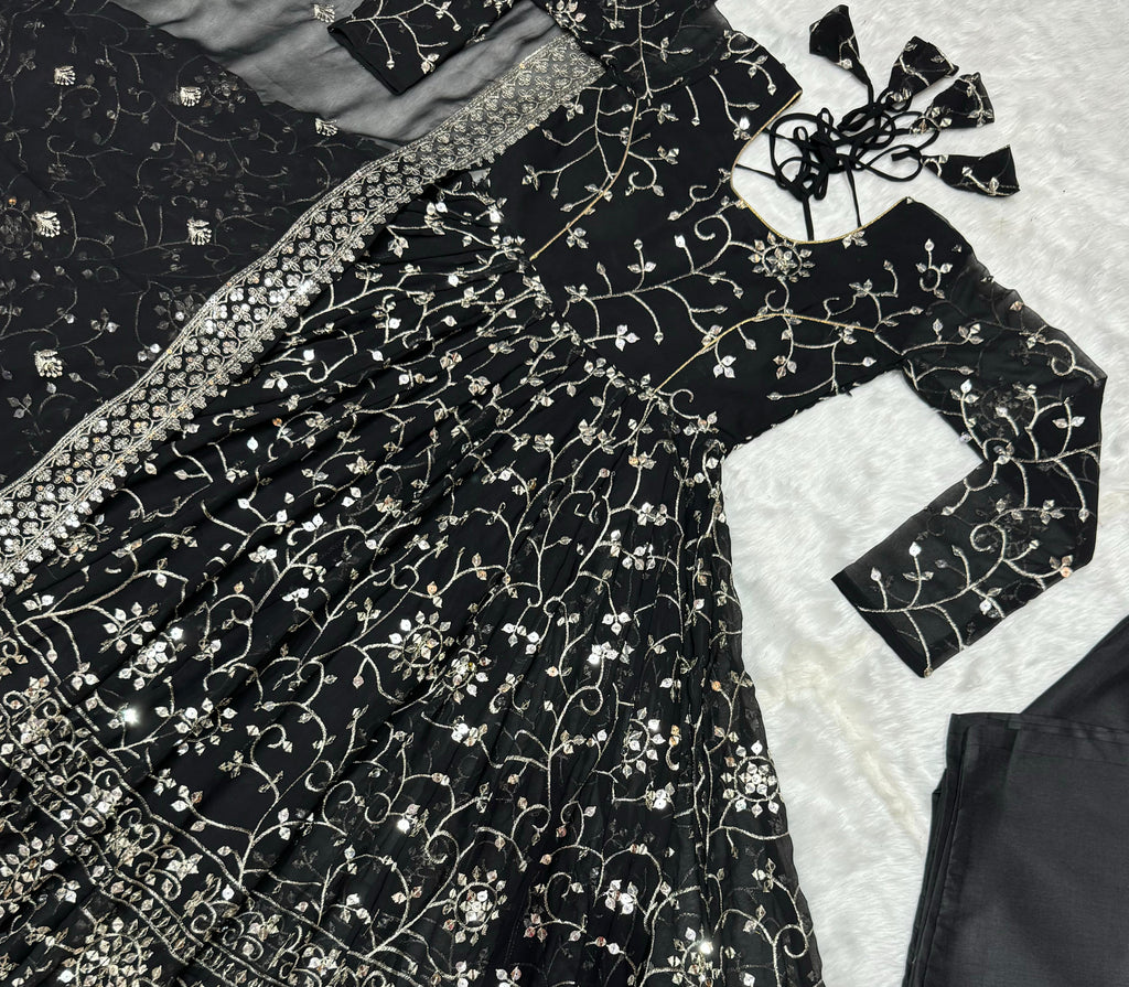 Full Heavy Work Black Color Georgette Anarkali Gown For Women