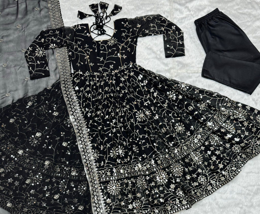 Full Heavy Work Black Color Georgette Anarkali Gown For Women