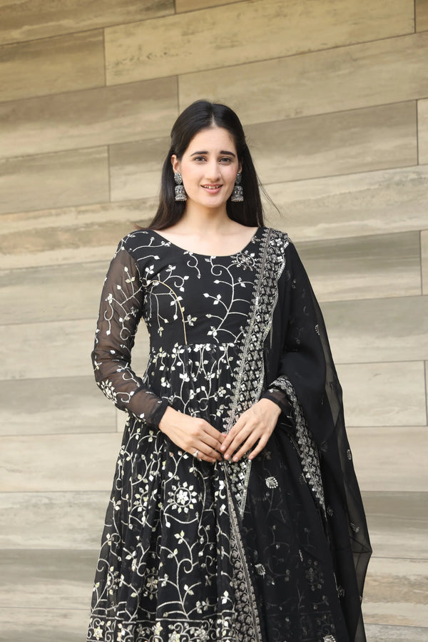Full Heavy Work Black Color Georgette Anarkali Gown For Women