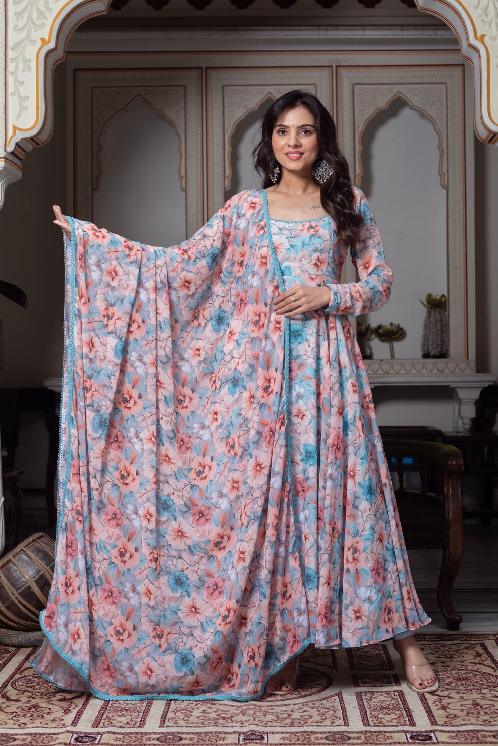Gatika Digital Flower Printed Anarkali Suit with Dupatta For Function |  Anarkali Suit For Women