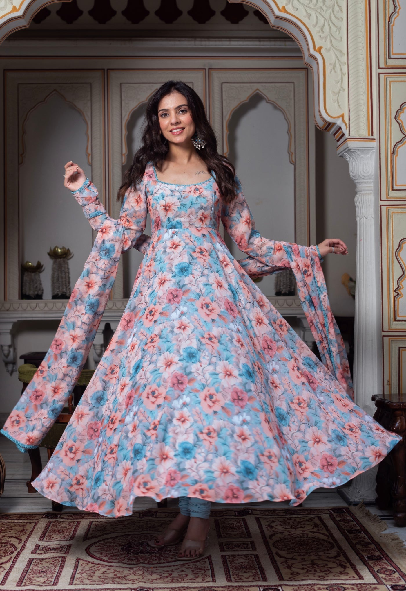 Gatika Digital Flower Printed Anarkali Suit with Dupatta For Function |  Anarkali Suit For Women