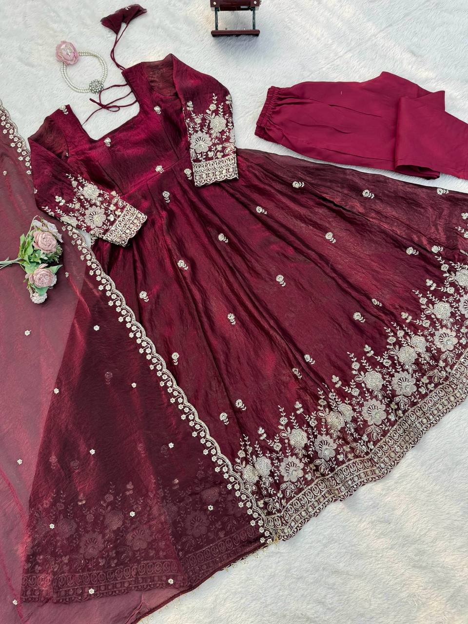Gorgeous Maroon Fendy Silk Zari Sequence Work Anarkali Suit Set With Dupatta | Anarkali Suit For Women