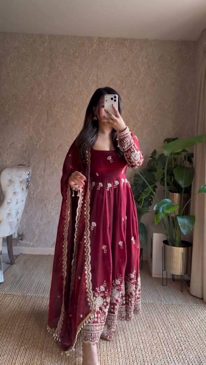 Gorgeous Maroon Fendy Silk Zari Sequence Work Anarkali Suit Set With Dupatta | Anarkali Suit For Women