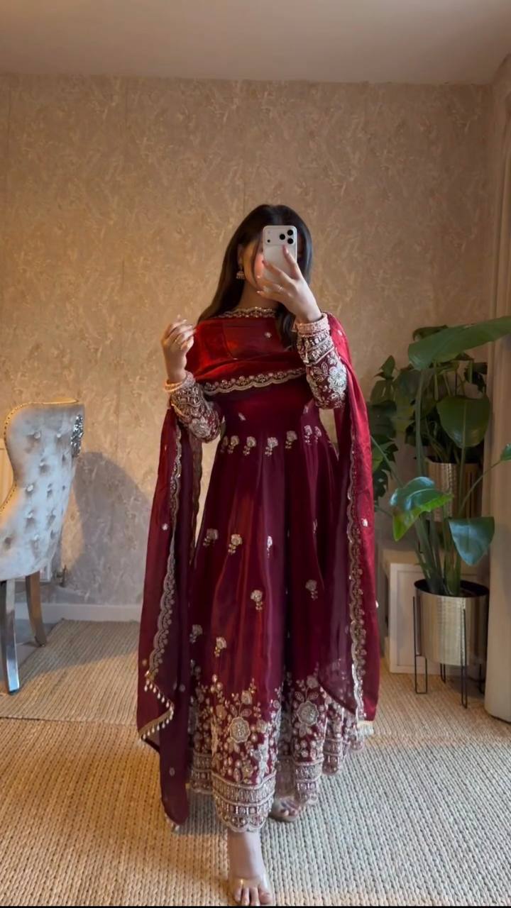 Gorgeous Maroon Fendy Silk Zari Sequence Work Anarkali Suit Set With Dupatta | Anarkali Suit For Women
