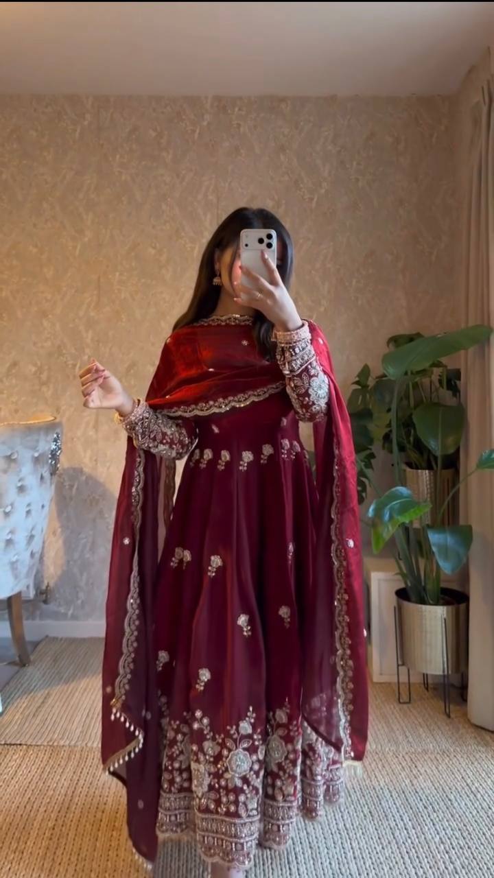 Gorgeous Maroon Fendy Silk Zari Sequence Work Anarkali Suit Set With Dupatta | Anarkali Suit For Women