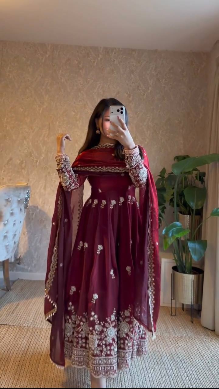 Gorgeous Maroon Fendy Silk Zari Sequence Work Anarkali Suit Set With Dupatta | Anarkali Suit For Women