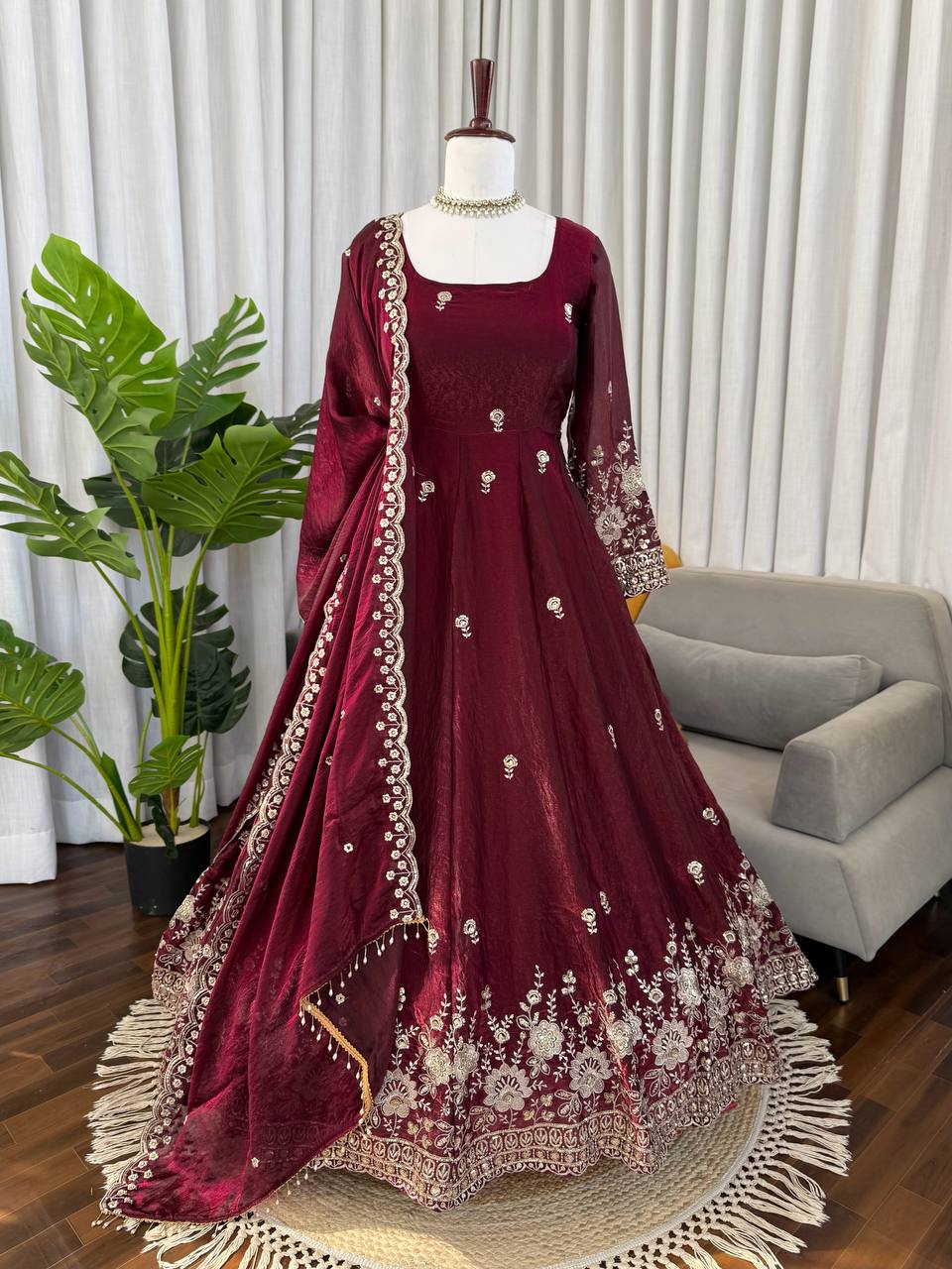 Gorgeous Maroon Fendy Silk Zari Sequence Work Anarkali Suit Set With Dupatta | Anarkali Suit For Women