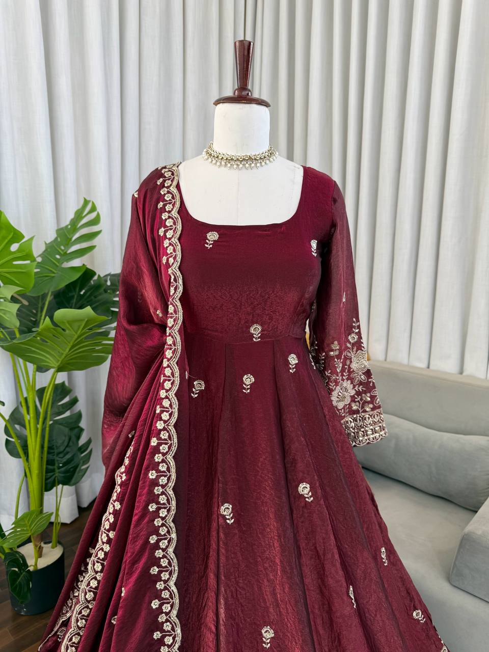 Gorgeous Maroon Fendy Silk Zari Sequence Work Anarkali Suit Set With Dupatta | Anarkali Suit For Women